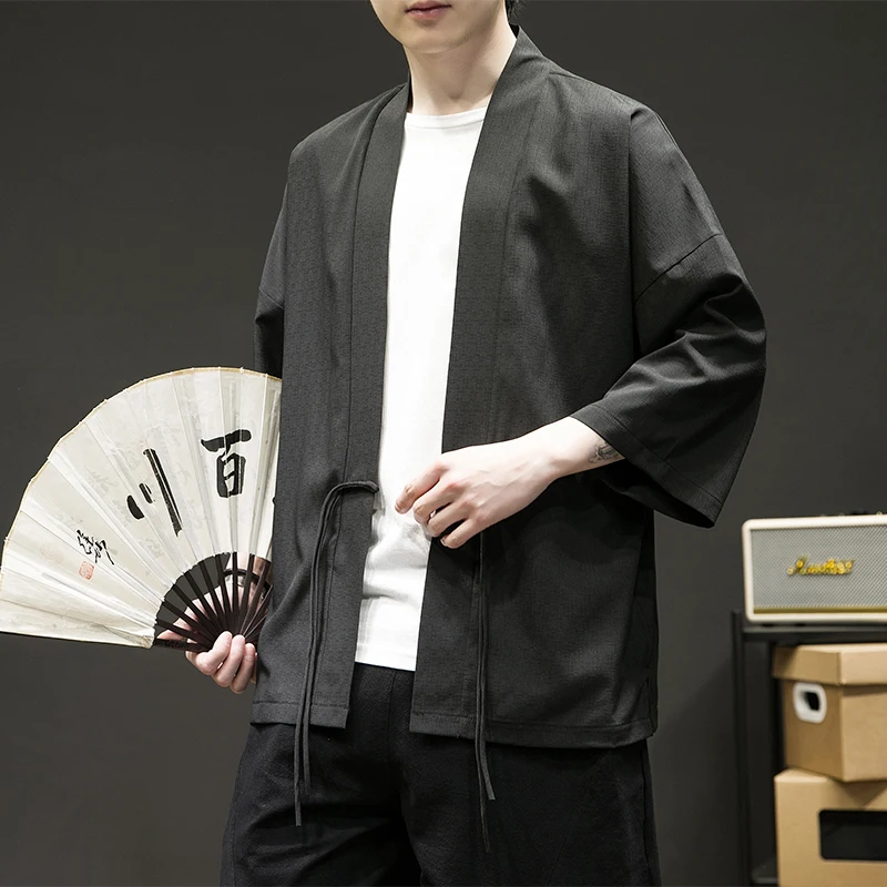 

Plus Size 5XL Japanese Streetwear Kimono Shirt Jacket Men's Solid Color Seven-Part Sleeve Summer Cardigan Top