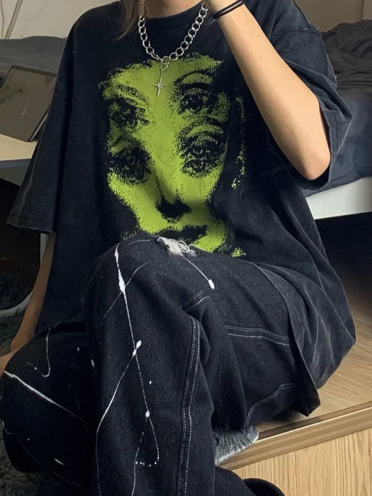 HOUZHOU хиппи эмо Графические футболки женские гранж готические большие черные