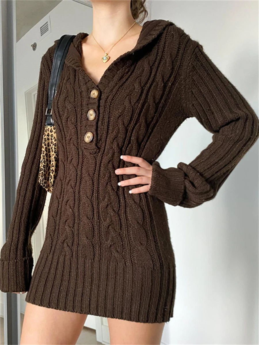 

wsevypo Vintage Fairy 2000s Twist Knit Sweater Dress Women E-Girl Aesthetic Streetwear Long Sleeve Buttons Hooded Mini Dress