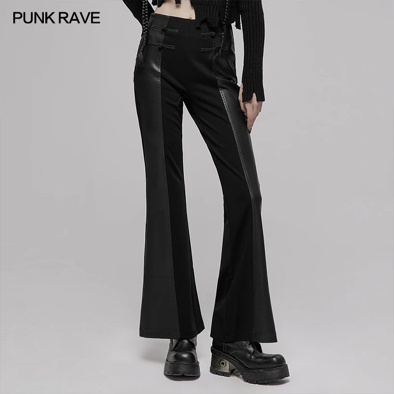 PUNK RAVE Women's Chinese Style High Waist Flared Pants Splices PU Elastic Knitted Personality Fashion Black Trousers