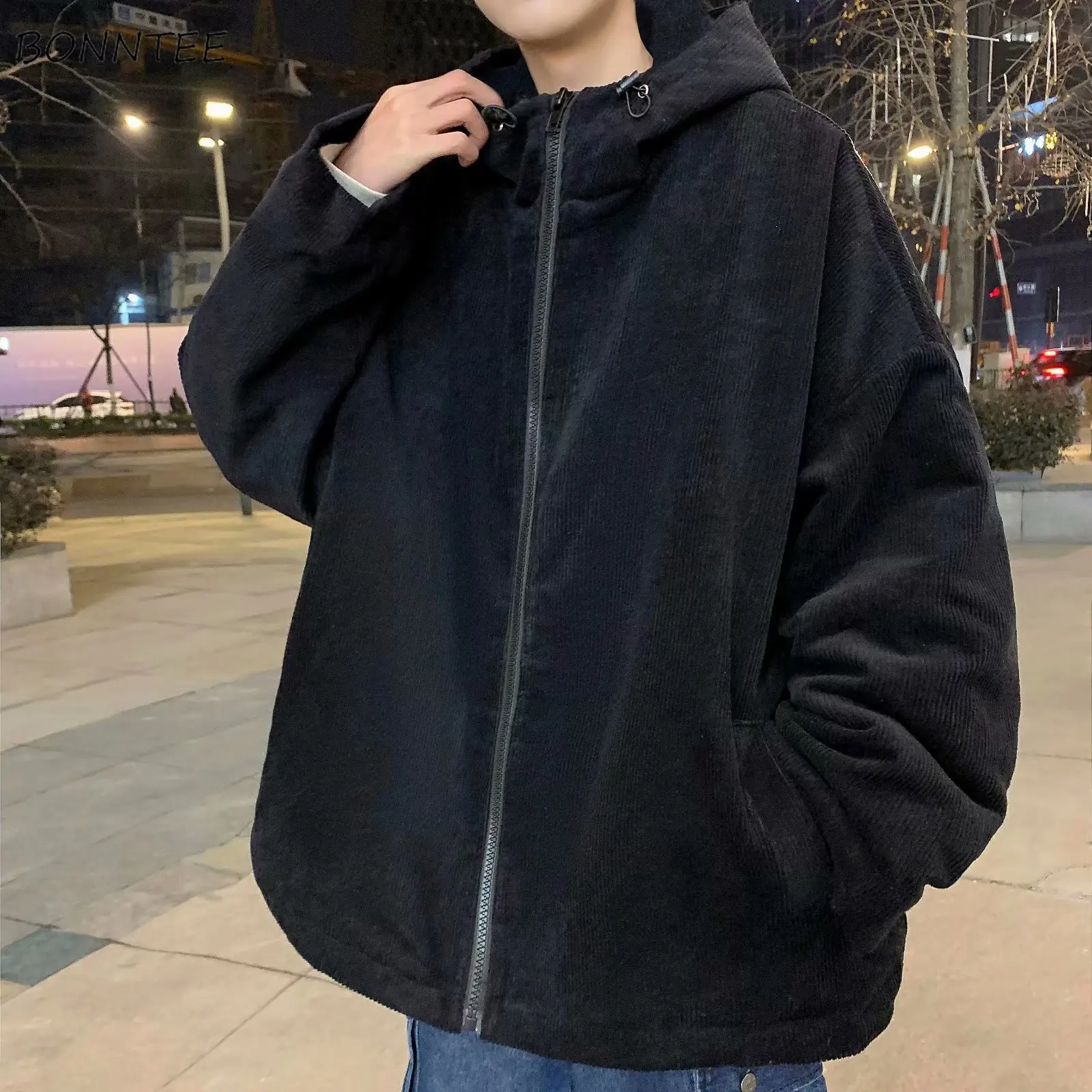 

Jackets Men Corduroy Outwear Vintage with Hat Winter Fashion Harajuku Loose Casual Solid Simple Clothing New Arrival Streetwear