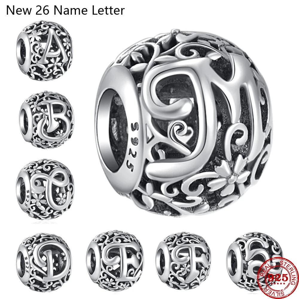 

Round Shape 925 Sterling Silver A TO Z Name Letter with Flower Butterfly Charm Beads Fit Pandora Bracelet For Women DIY Jewelry