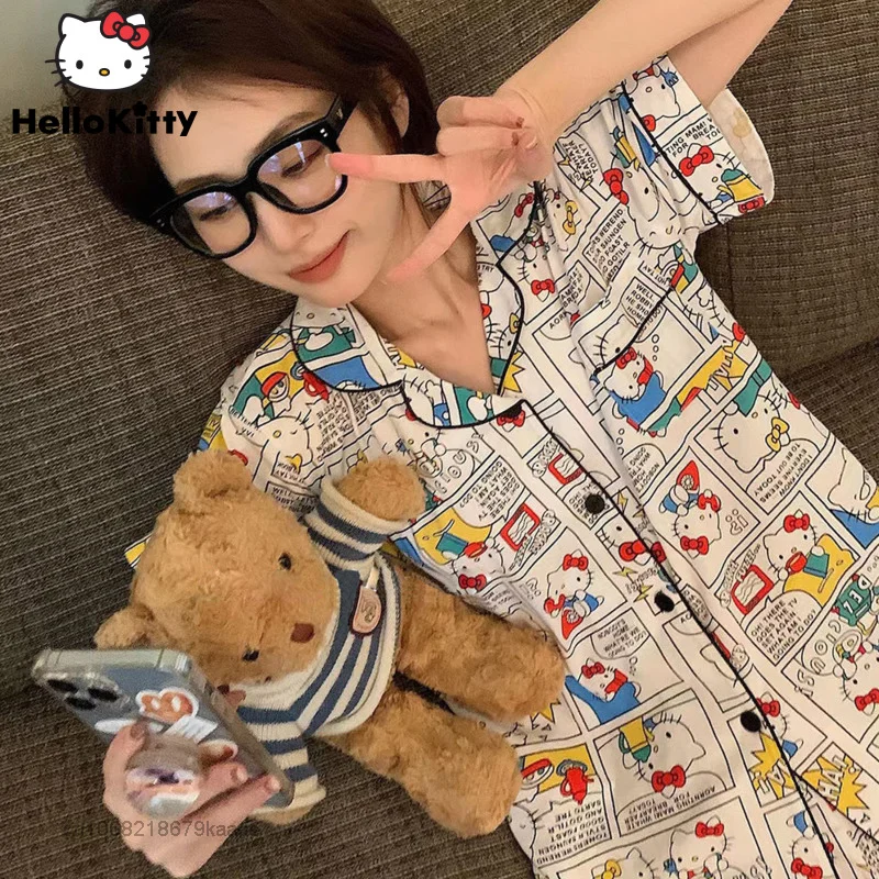 

Sanrio Hello Kitty Clothes Korean Style Loose Causal Suit Women 2 Pieces Set Y2k Cardigan Tops Shorts Soft Homewear Cute Pajamas