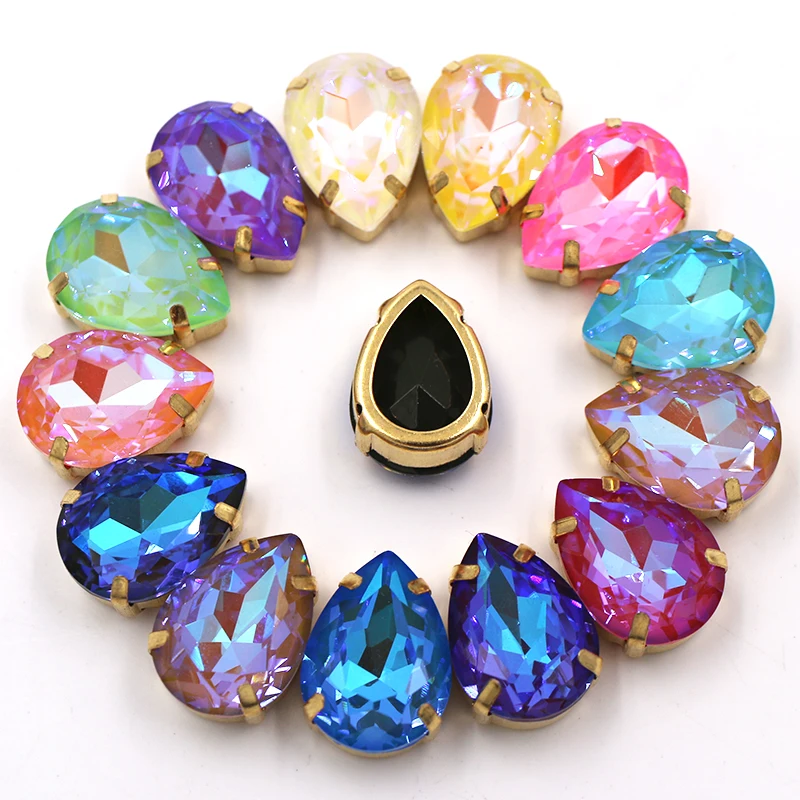 

New Style Teardrop Shape Glass Crystal Strass Sewing Hollow Golden Claw Setting Mocha Fluorescence Rhinestones For Clothing/Bags