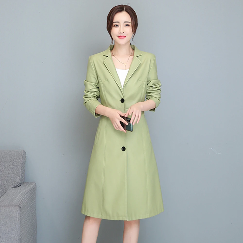 New Women Sheepskin Coat Spring Autumn Elegant Fashion V-Neck Slim Waist Leather Coat Light Green Long Blazer Split Leather