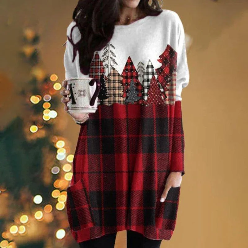 

2022 New Christmas Cartoon Snowman Print Long Sleeve Color Matching Dress Fashion Pocket Long Pullover Femmes T-Shirt Shirt