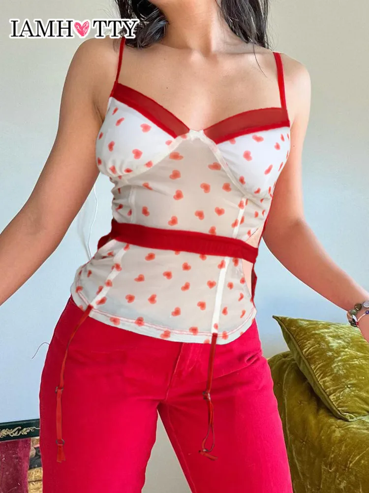 

IAMHOTTY Heart Print Y2K Mesh Crop Top Women Ribbons Milkmaid Patchwork Kawaii Corset Red Cute Camisole Aesthetic Bustier Hot