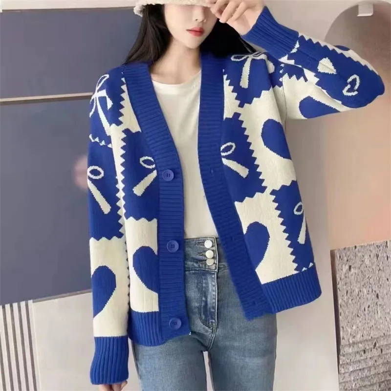 

Color-blocking sweater checkered knitted cardigan women autumn and winter 2023 new loose and slim V-neck casual cardigan sweater