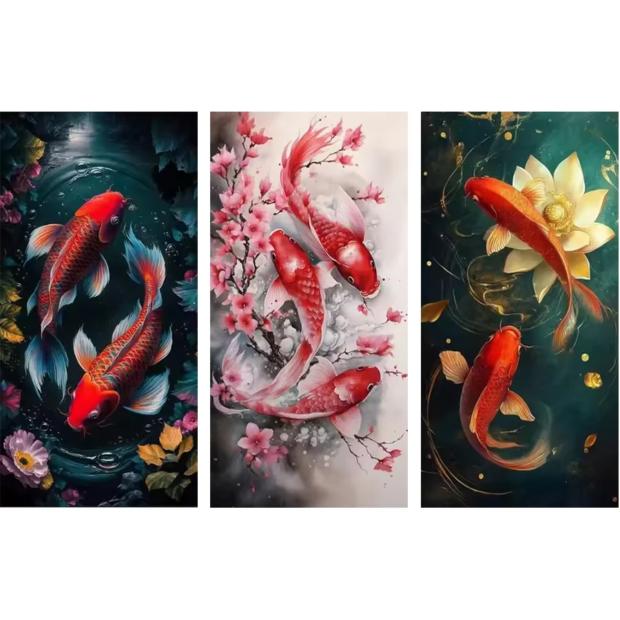 Алмазная живопись большого размера с цветком лотоса и карпом