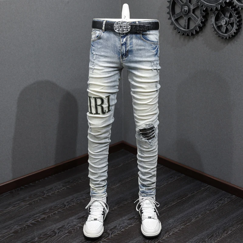 Jeans Retro Yellow Blue Elastic Stretch Skinny Ripped Jeans Men Brand Patches Designer Hip Hop Pants Hombre
