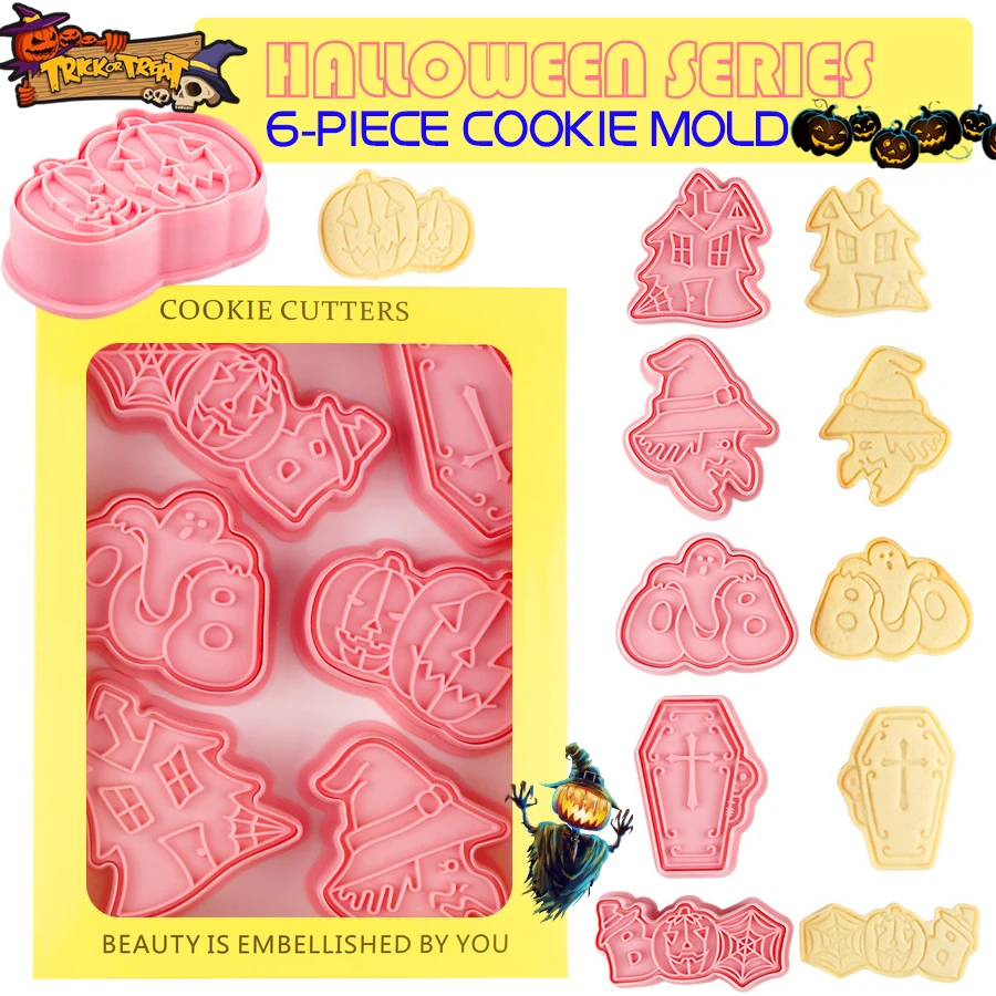 

6Pcs/Set Halloween Cartoon Frosting Cookie Cutters Plastic 3D Mold Pressable Biscuit Press Mould Stamper Baking Pastry Tools
