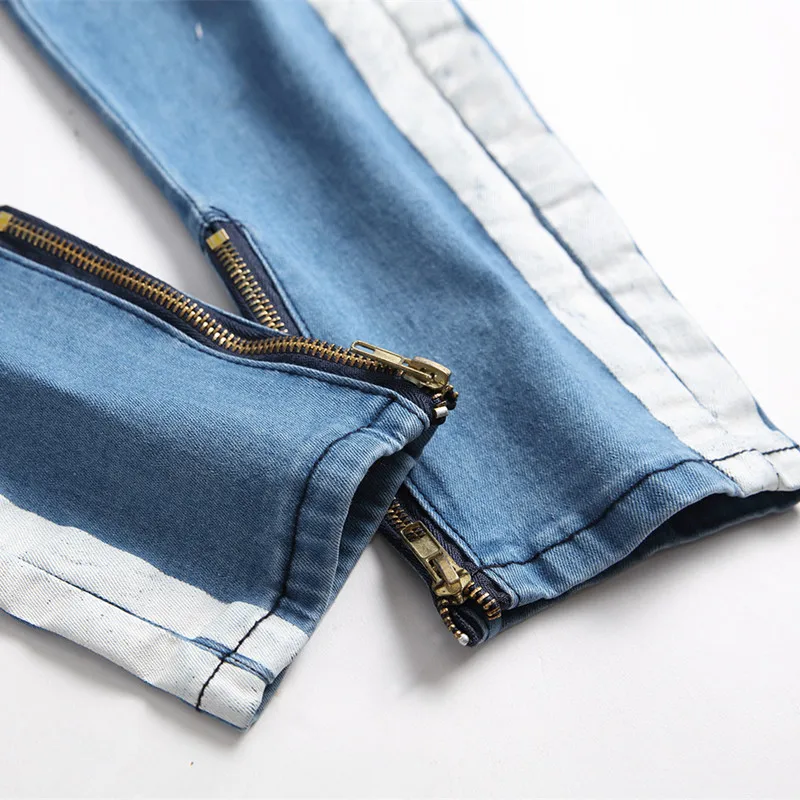 2022 Preppy Style White Stripe Stretch Men Pencil Jeans Trousers Hole Ripped Hip Hop Women Slim Denim Pants Dress Pantalon Homme