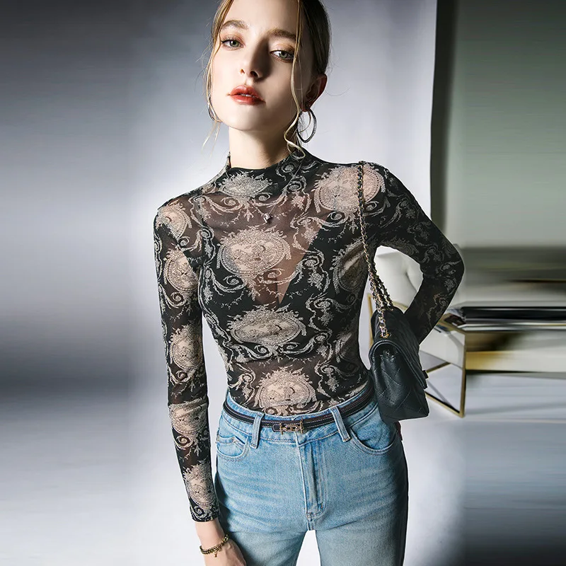 

New 2023 Magnificent Women Autumn Winter T-shirt Perspective Female Sexy Crop Top Clothes Casual Gauze Blouses Grace Meeting