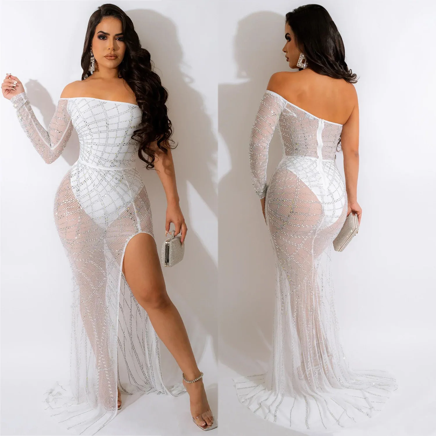 Women Sexy Cocktail Dress Diamond Design Off-Shoulder Long Sleeve Prom Party Dress Bodycon Hollow High Split Nightclub Dresses
