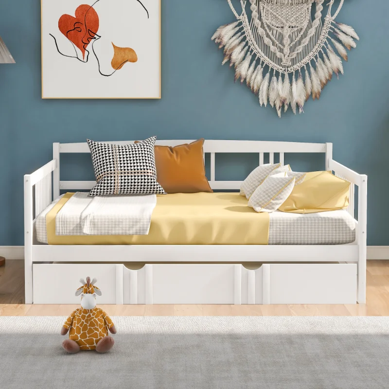 

Ull Size Daybed Wood Bed with Twin Size Trundle\ White White Solid Wood [US Stock]