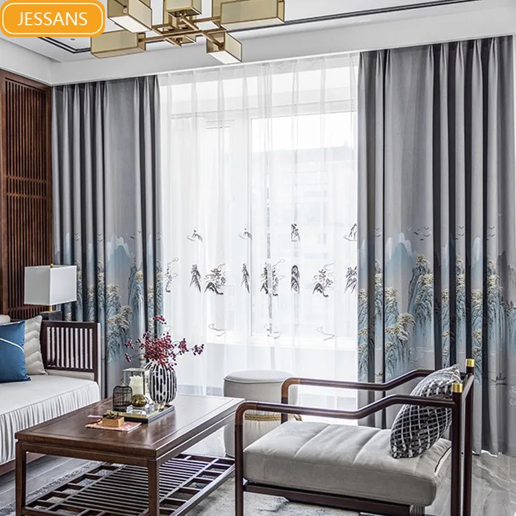 

New Chinese Style Jacquard Curtains for Living Room Bedroom Blackout Soundproof Curtain Custom Finished Partition Curtain