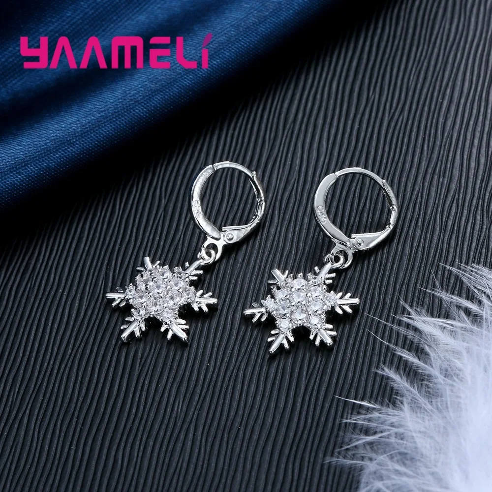 Женский Снежинка Huggie Earrngs ожерелье набор Настоящее серебро 925 пробы ювелирные