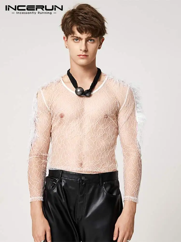 

Топы INCERUN 2022, Мужская модная футболка с асимметричным рисунком, сексуальная прозрачная мужская Тонкая футболка с длинным рукавом и сращение...