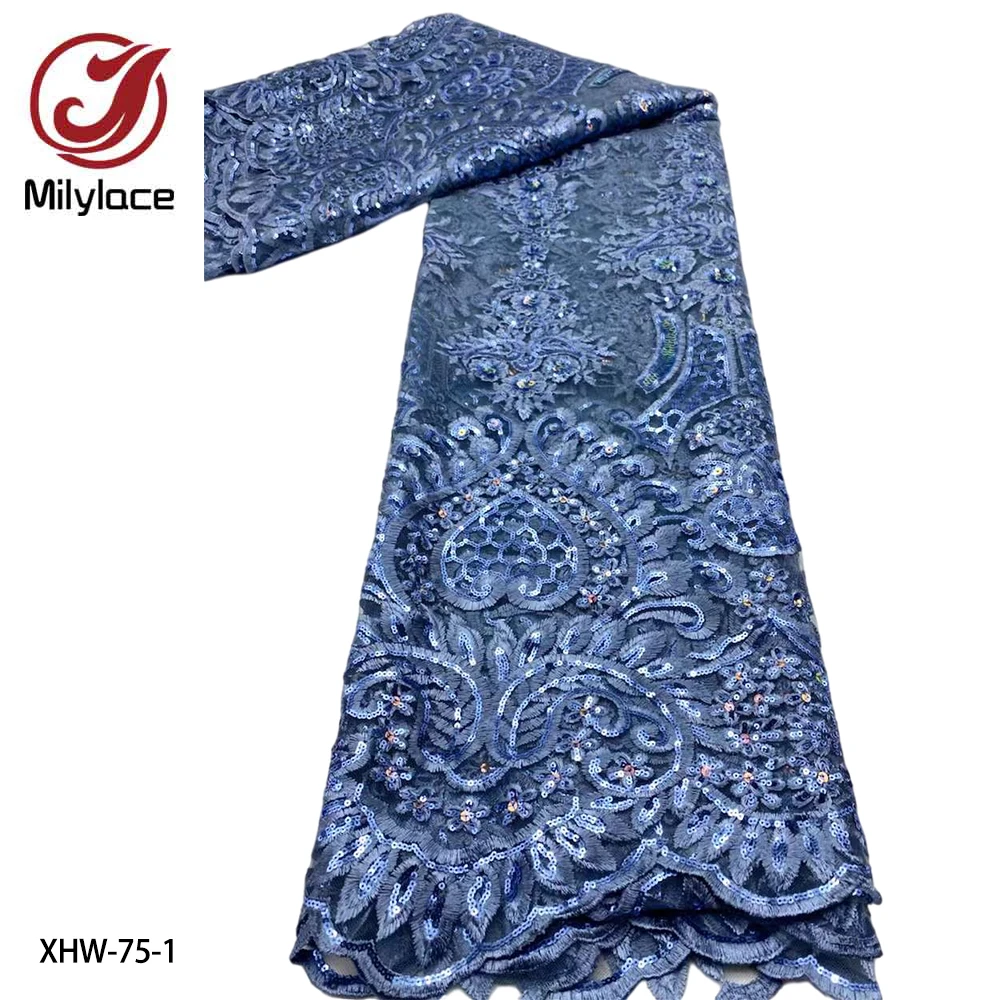 

Luxury Hot Sale Nigerian Lace Fabric 2020 High Quality Lace Embroidered Sequins African Lace Fabric 5 Yards Dress XHW-75