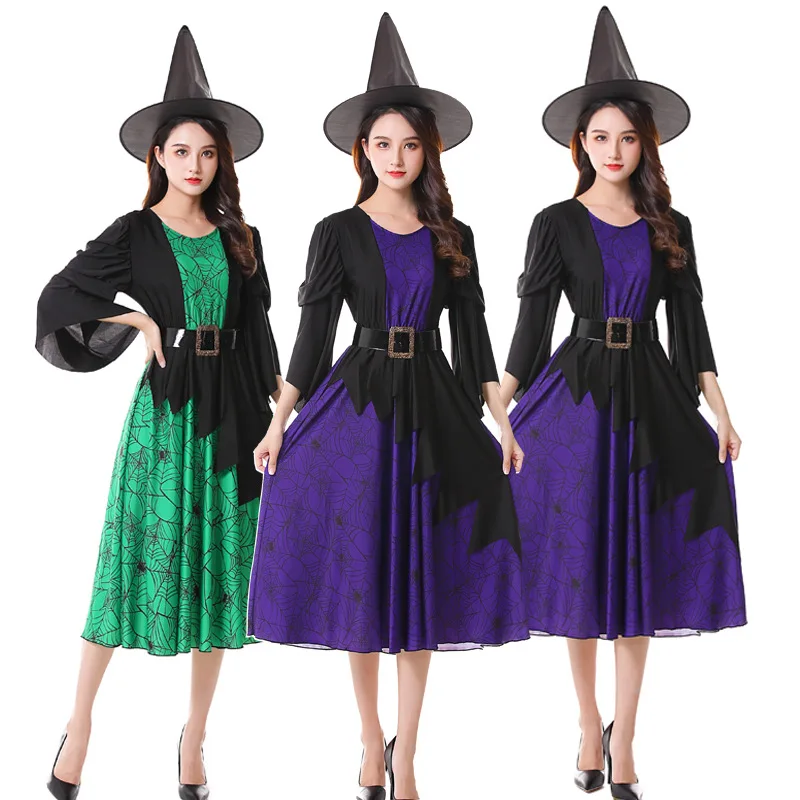 

Костюм ведьмы для взрослых на Хэллоуин, аниме косплей, фиолетовый зеленый костюм ведьмы, костюм для выступления на сцене