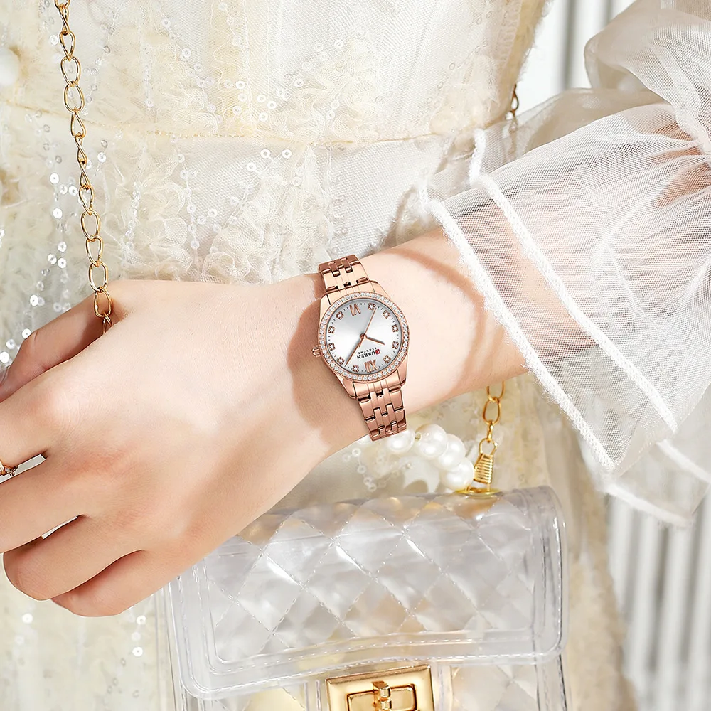CURREN Classy Dress Watches for Women Stainless Steel Band Clock Female Rhinestone Dial Slim Wristwatches Ladies