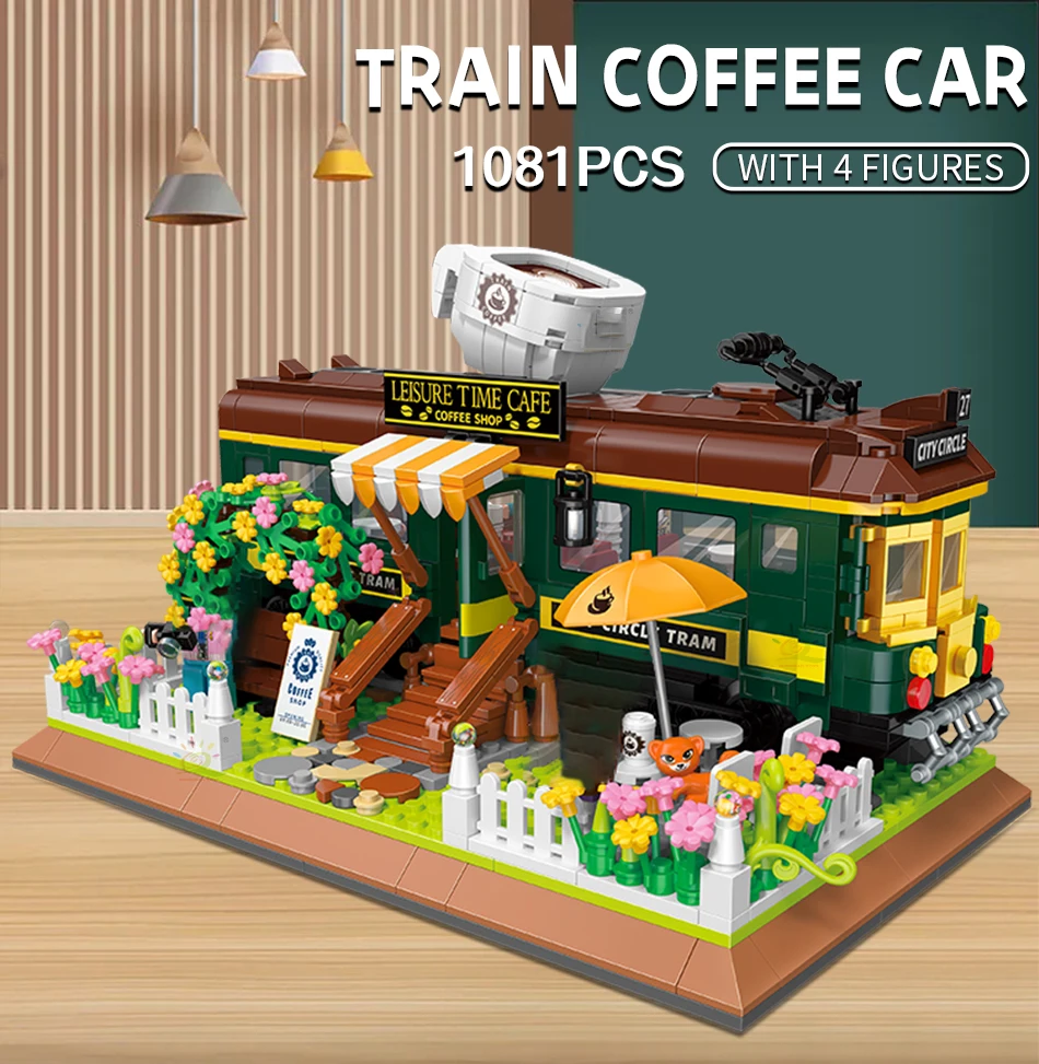 

1081PCS MINI Creative Train Coffee House Bricks Sets MOC City Street View Flower Shop Building Block Birthday Toys Kids Gifts