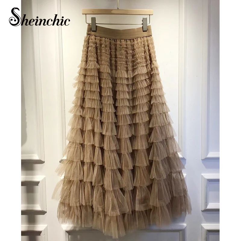 Elegant Ruffles Pleated Mesh Skirts Womens 2022 Summer Korean Fashion High Waist Long Skirt Gray Black Jupe Longue Femme