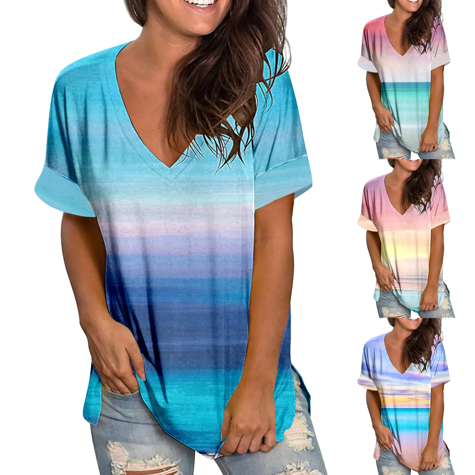 

Женская Летняя Пляжная футболка с V-образным вырезом, свободного покроя