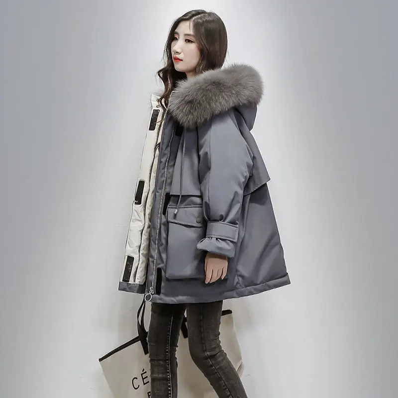 Down Jacket Female Winter 2022 Slim With Fur Collar Warm Wear Padded Clothes Thick Parka Long Coat Wool Liner Hooded Parkas