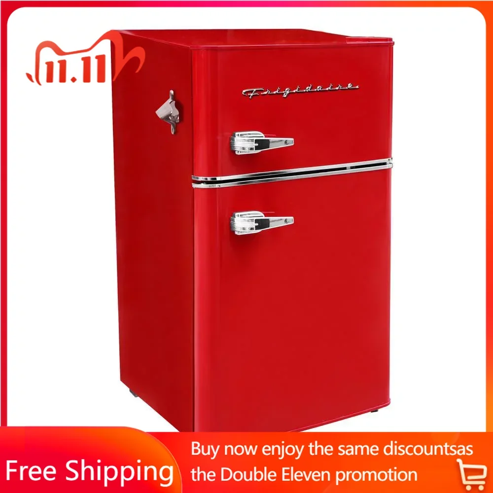 

Retro 3.2 Cu ft Two Door Compact Refrigerator with Freezer, Red，The temperature control knob has 7 settings