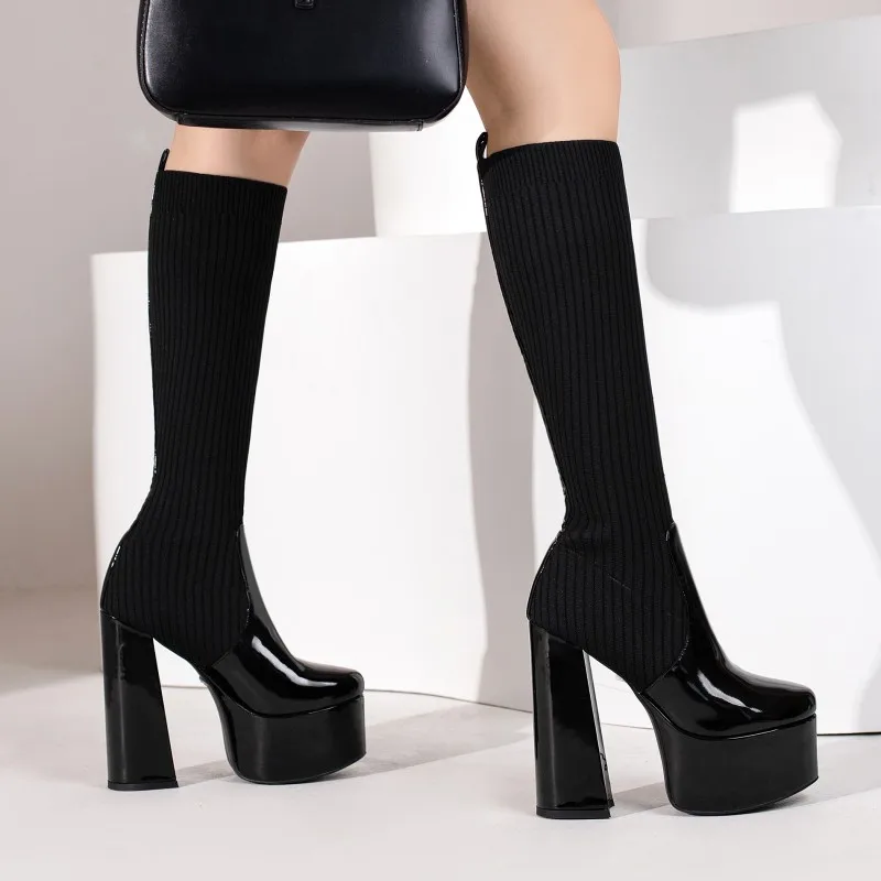 Готические сапоги до колена на платформе осень-зима пикантные эластичные