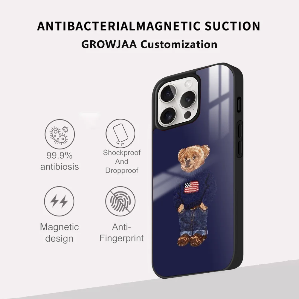 P-PoloES Bear Fashion Luxury Phone Case For IPhone 16 15 14 13 12 11 Pro Max Plus Mini Magsafe Mirror Wireless Magnetic Cover