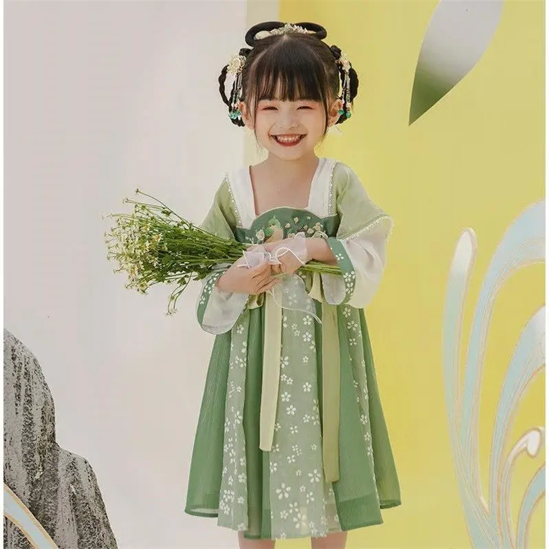 

Женское традиционное китайское платье Hanfu, Новинка лета 2022, детское платье Hanfu с зеленым принтом, детское сказочное платье