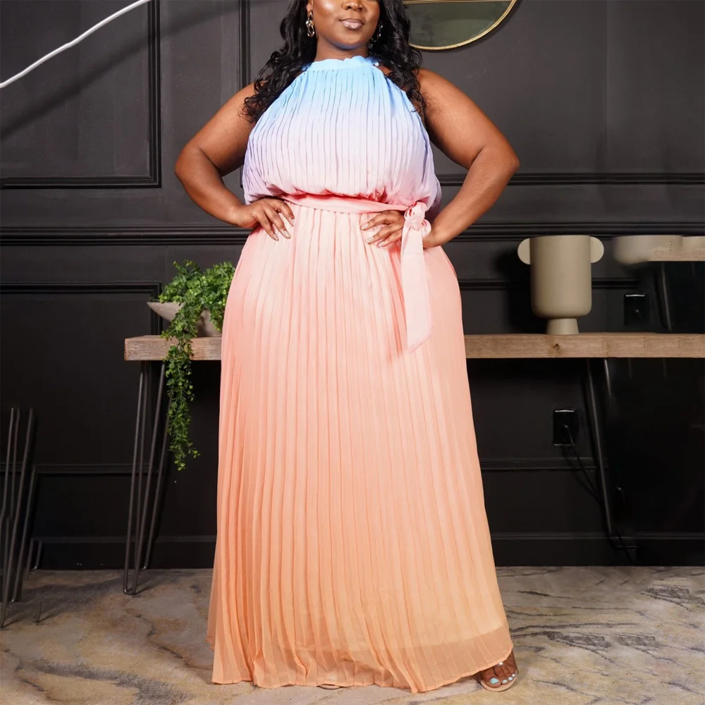 4XL 5XL Plus Size Dresses for Women Pleated Round Neck Sleeveless High Waisted Elegant Oversized Evening Night Party Vestidos