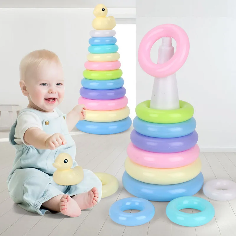 

Montessori Rainbow Color Stacking Rings Tower Duck Toy for Kids Toddler Bath Tub Early Development Play Toys Baby Brinquedos