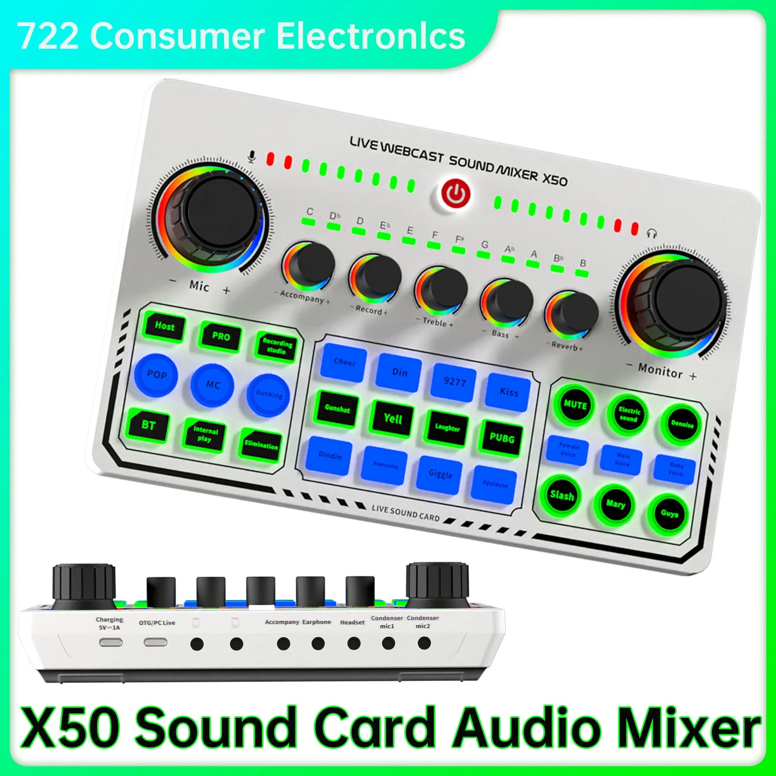 

DJ Mixer Sound Card Professional Recording Studio Sound Cards 16 Sound Effects USB Sound Mixer for Live Broadcast Living Games
