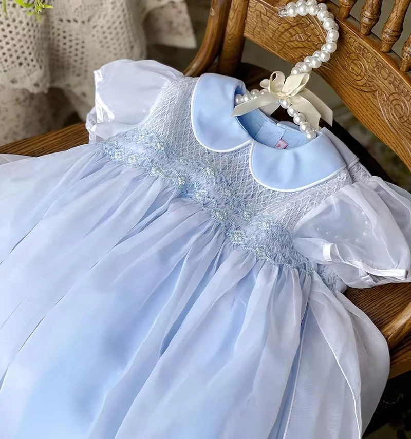 

0-12Y Baby Girl Summer Light Blue Smocked England Turkish Spanish Vintage Lolita Princess Dress for Birthday Holiday Casual Eid