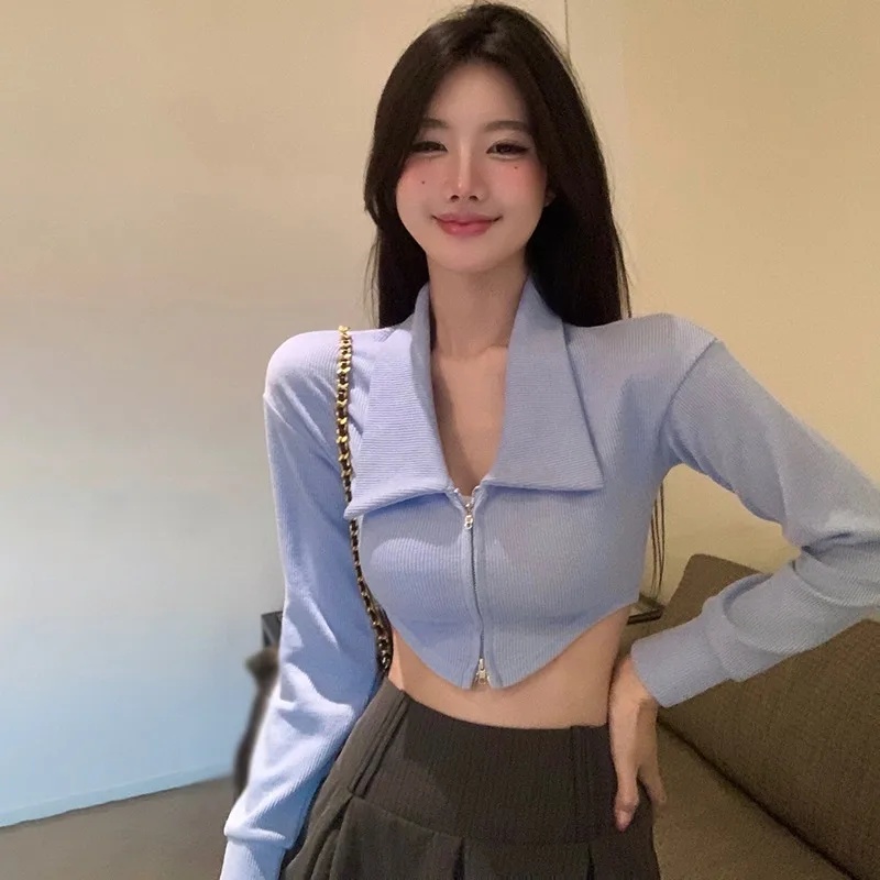 

Кардиган на молнии, футболка для женщин, облегающий однотонный кроп-топ, Повседневная футболка с длинным рукавом, тренировочный топ, Базова...