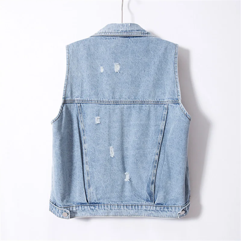 

Wash Vintage Light Blue Denim Women Waistcoat Holes Big Pocket Jeans Vest Female Loose Short Cowboy Sleeveless Jacket Coat