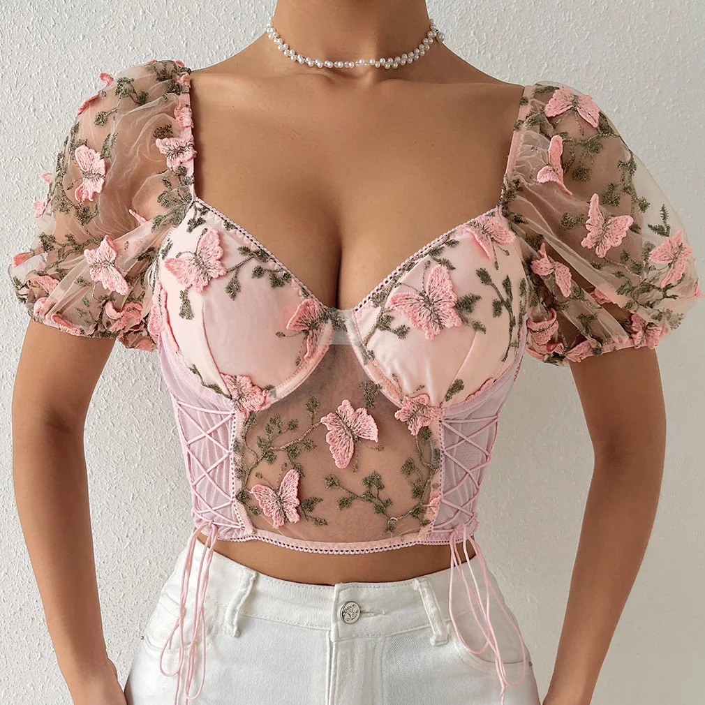 

Elegant Women's Summer Crop Tops Short Sleeves Butterfly Stitched Mesh Camis V-neck Open Back Ladies Crop Tops Sexy Streetwear