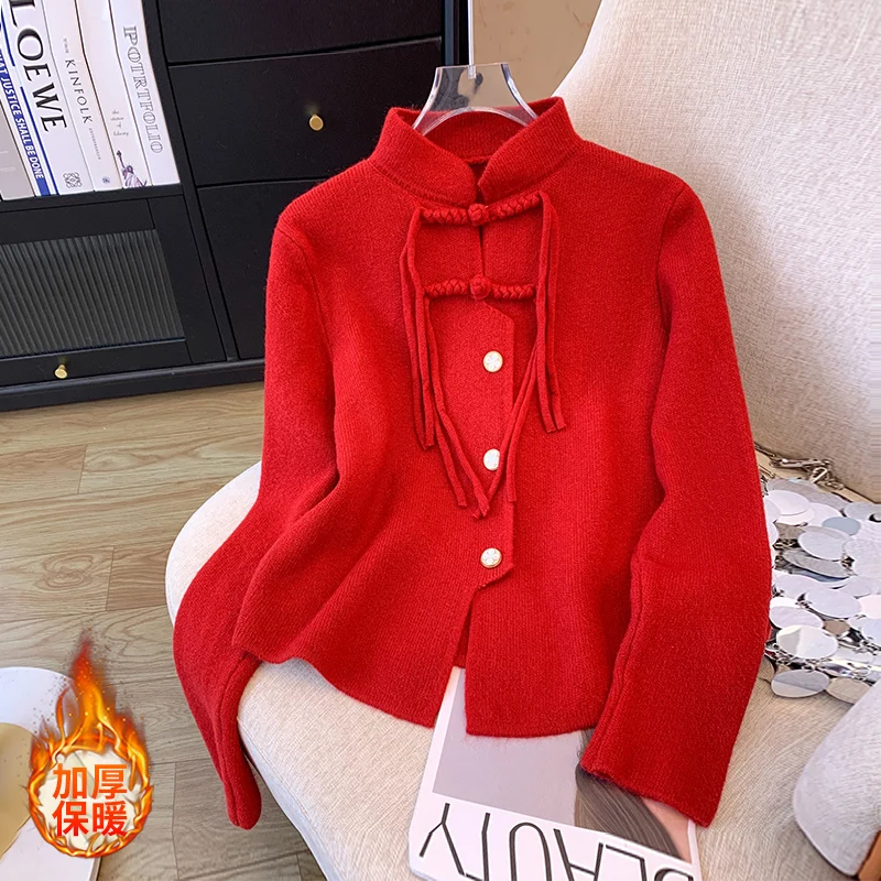 Новый красный свитер в китайском стиле с воротником кардиган куртка женский