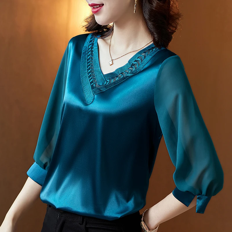 

Spring Korean Fashion Silk Women Blouses Satin Office Lady Mesh Three Quarter Blusas Largas Loose Black Women Shirts