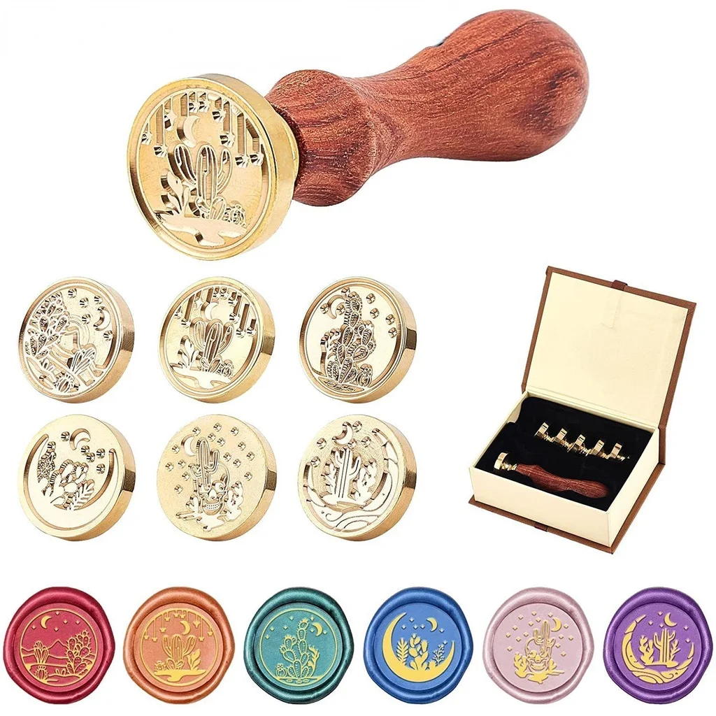 

8 шт., 8 стилей, печать в виде кактуса, искусственное воск, 6 шт., Луна, Череп, горная звезда, головки штампов, деревянная ручка, ретро