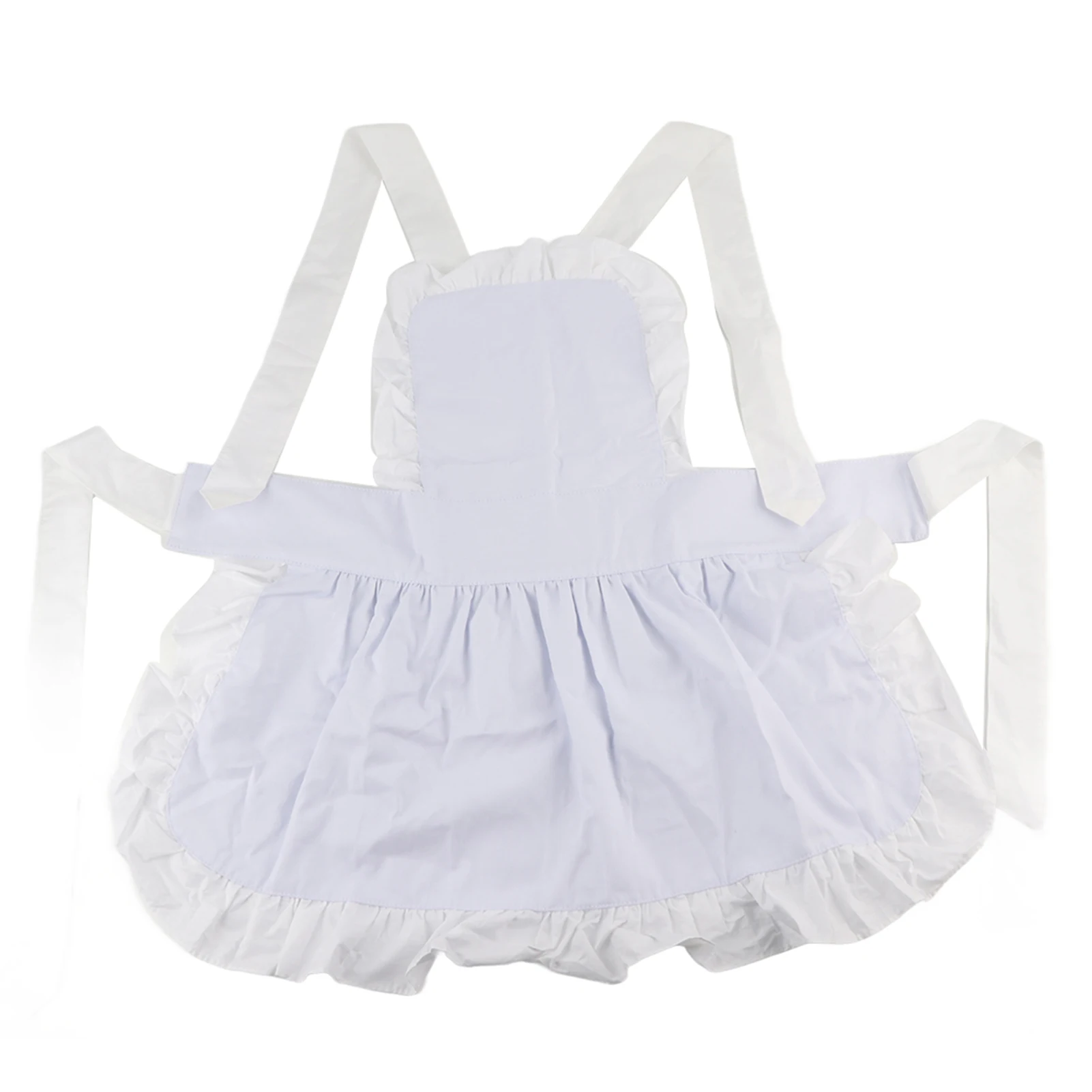 

White Cotton Women Maid Apron Ruffle Hem Kitchen Solid Color Apron