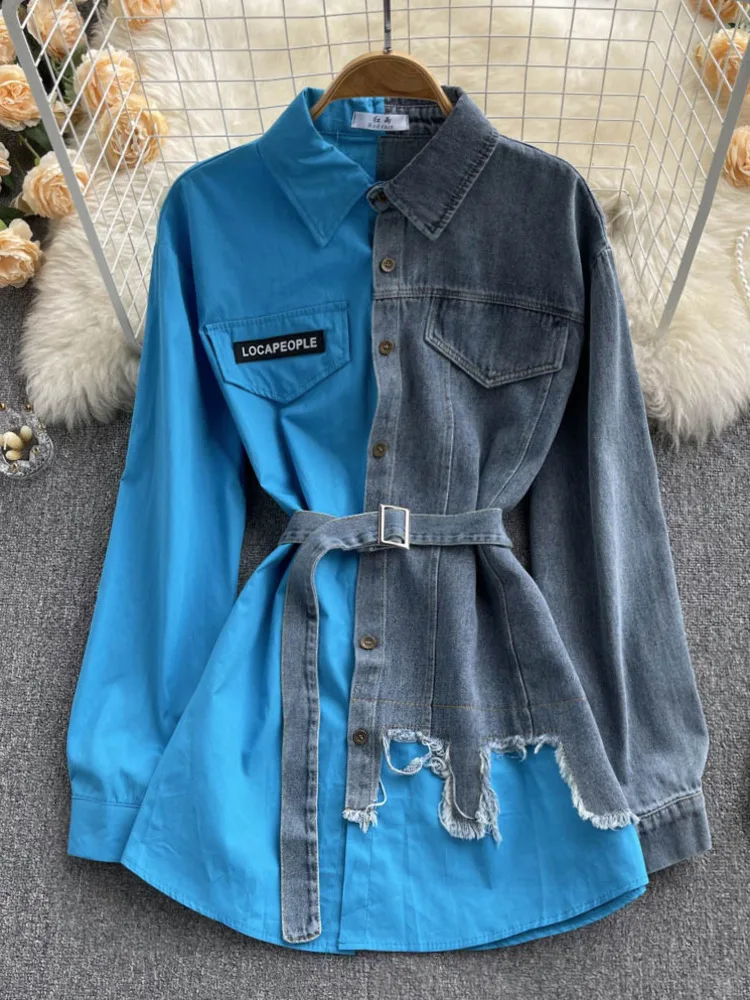 Женская джинсовая Блуза средней длины с длинным рукавом ремнем - купить по