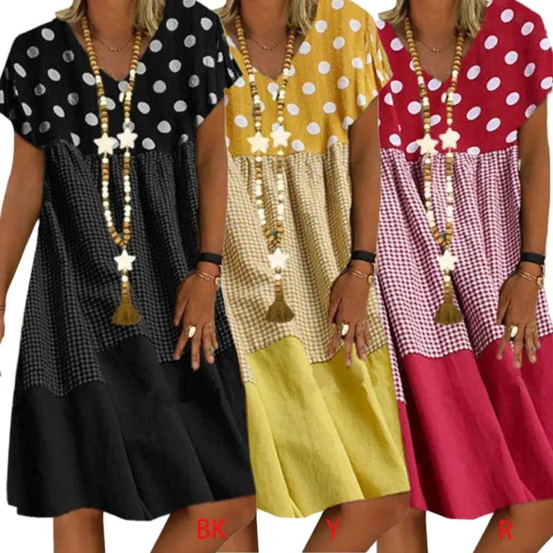 

Women Summer Short Sleeve V-Neck Loose Midi Dress Vintage Plaid Polka Dot Patchwork Printed Casual Beach Sundress 10CD