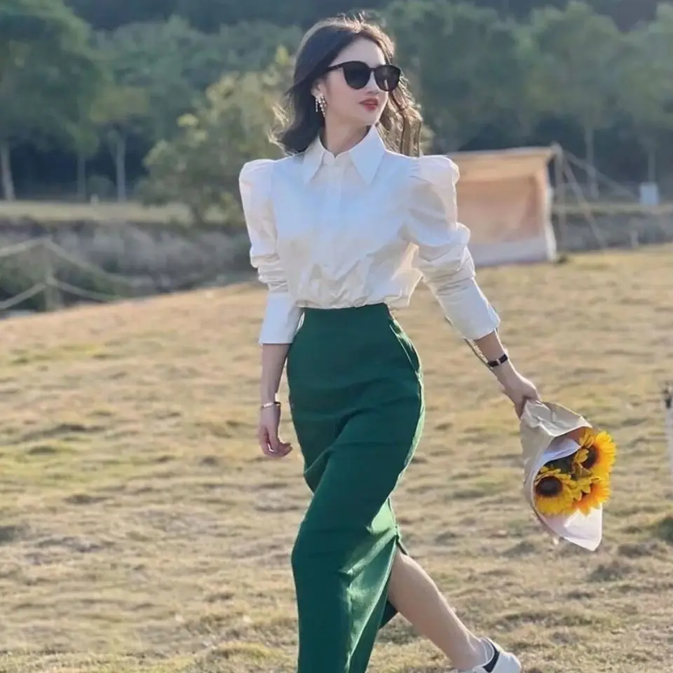 

2022 Early Spring Women New OL Suits Female Long Sleeve Buttons Shirts + Slim Package Hip Skirts Ladies Two Piece Sets D230