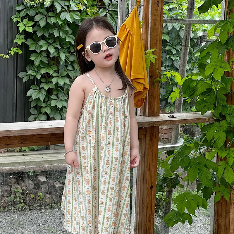

Korean Style Baby Girls Dress 2022 Summer New Spaghetti Strap O-Neck Floral Print Cute Cartoon Dresses Children's Clothing