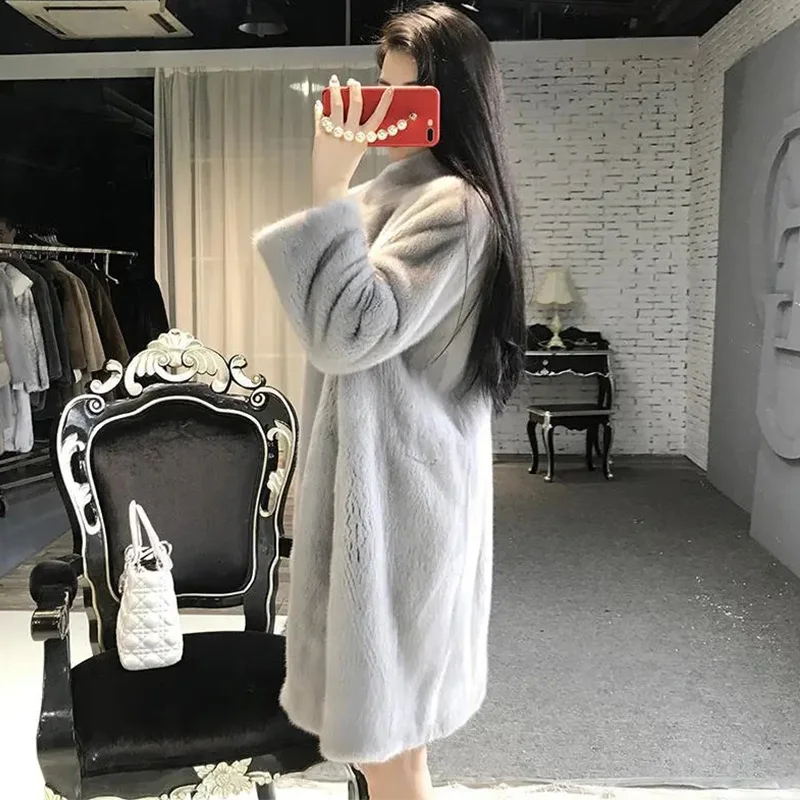 2022 Winter New Faux Fur Coat Women's Mid-Length Imitation Mink Stand Collar Loose Imitation Velvet Thick Warm Plush Coats Femal