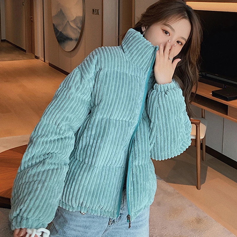 2023 New Winter Corduroy Short Jacket Women Korean Style Thick Zipper Cotton Parkas Woman Stand Collor Bubble Coats Warm Outwear